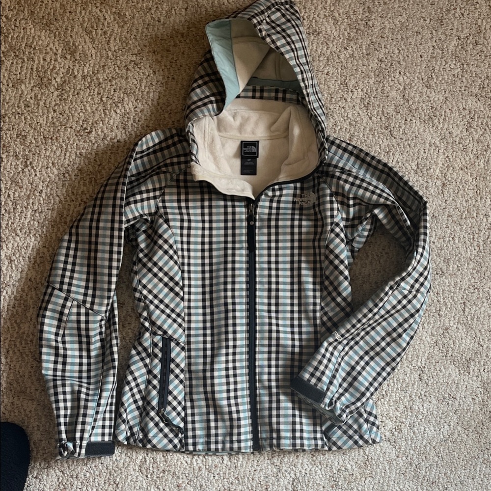 The North Face Checkered Hooded Jacket - Black, Light Blue and White